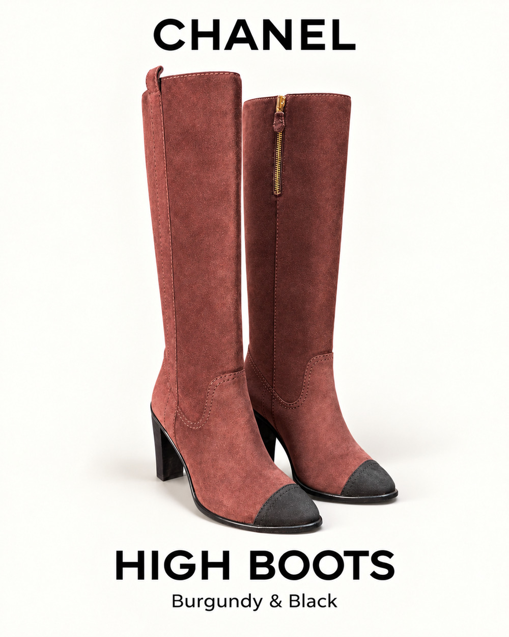 CHANEL Burgundy Suede Black Cap Toe Knee High Boots CC Logo Gold Zipper 36.5 C